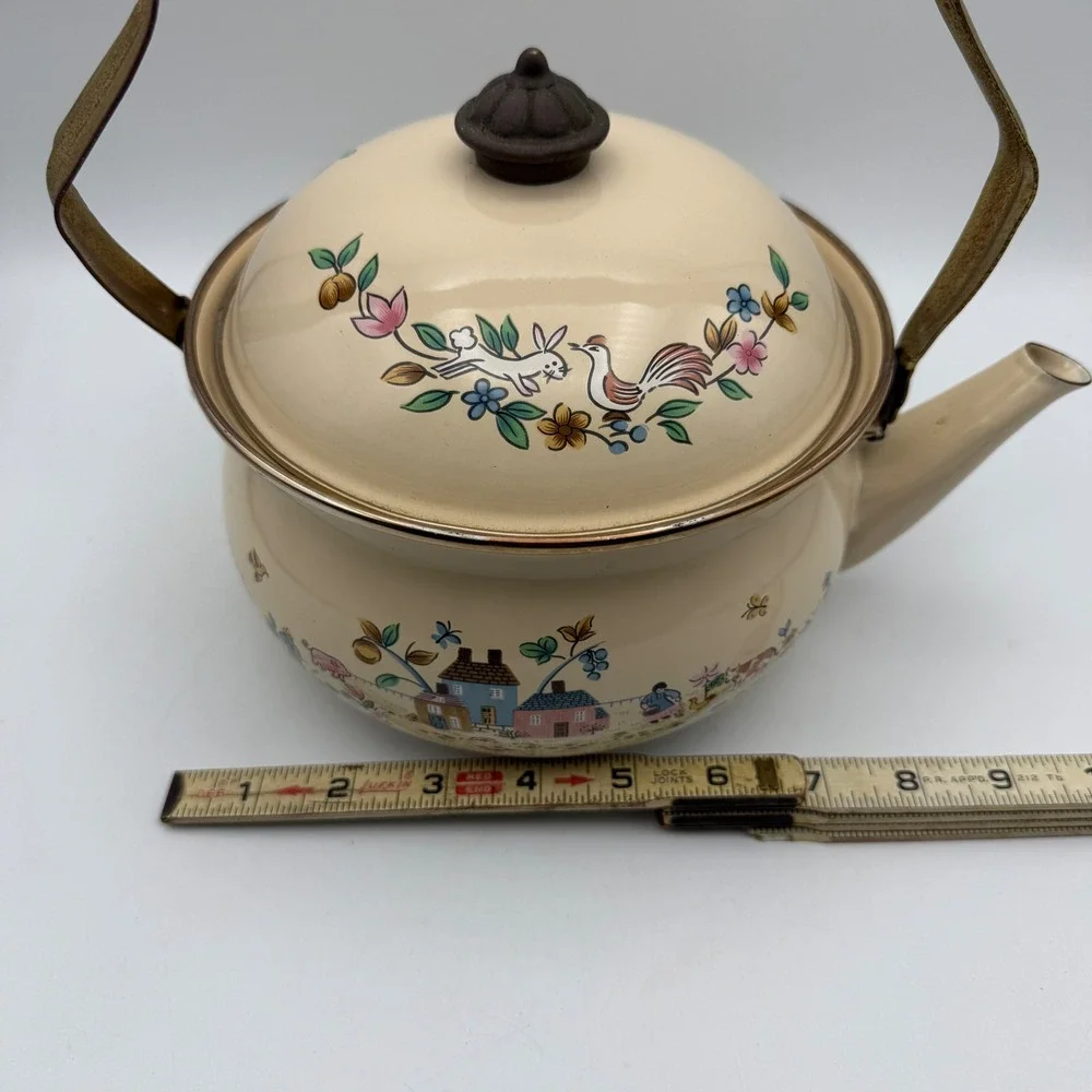 Vintage Tea Kettle Heartland Cottage Farmhouse Folk Art Village Wood Handle Pot